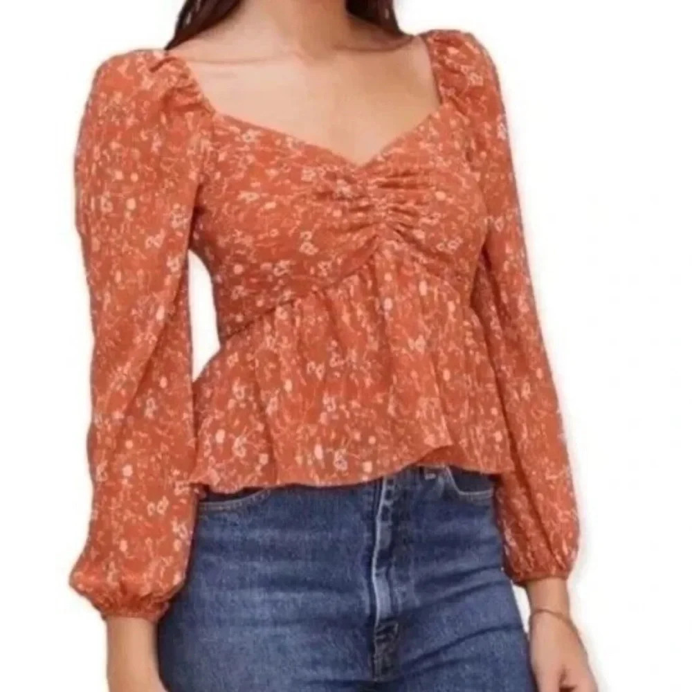 ASTR The Label Burnt Orange/Rust Floral Sweetheart Ruched Blouse Size Small